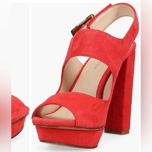 Paloma sling back platform suede sandal w/ Velcro strap and trotise color buckle